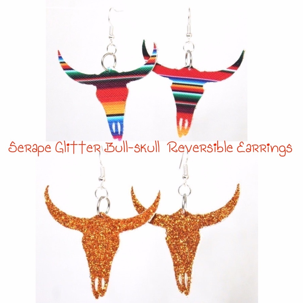 Serape Glitter Bull-skull  Reversible Earrings
